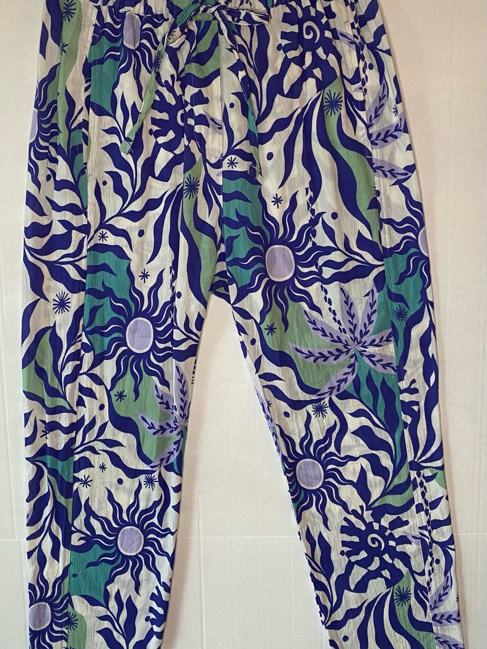 Xirena Printed Drawstring Pants XS Blue Green Boho Beach Resort Pull On